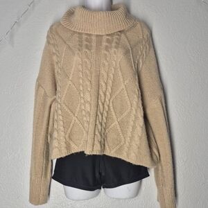 Cozy Cable Knit Cowl Turtleneck Sweater Cream Women's Size XL Coquette